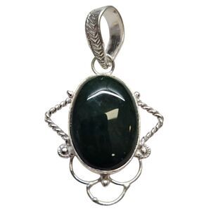 Vintage Dark Green Bloodstone Stamped Sterling Silver Pendant